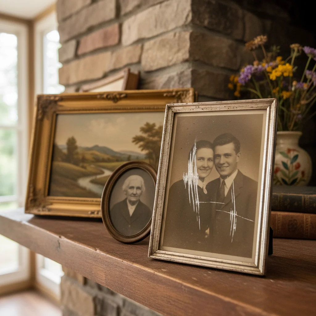 Wedding photo with deep scratch gouge across bride's dress