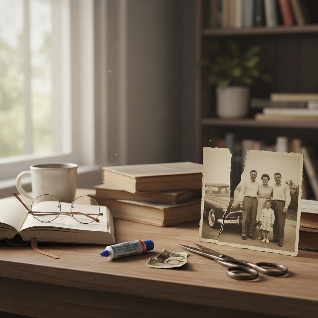 Beach family photo torn in half vertically