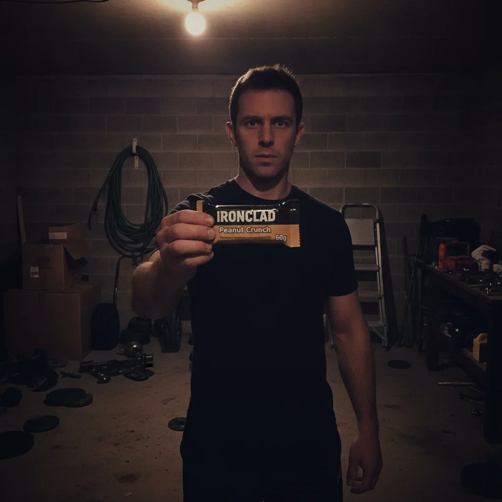 Man in a dim garage holding a protein bar, forehead and wrapper blown out by direct flash