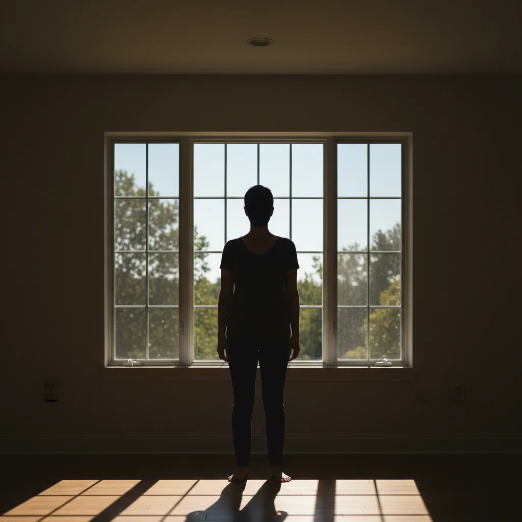 Backlit person as dark silhouette against bright window