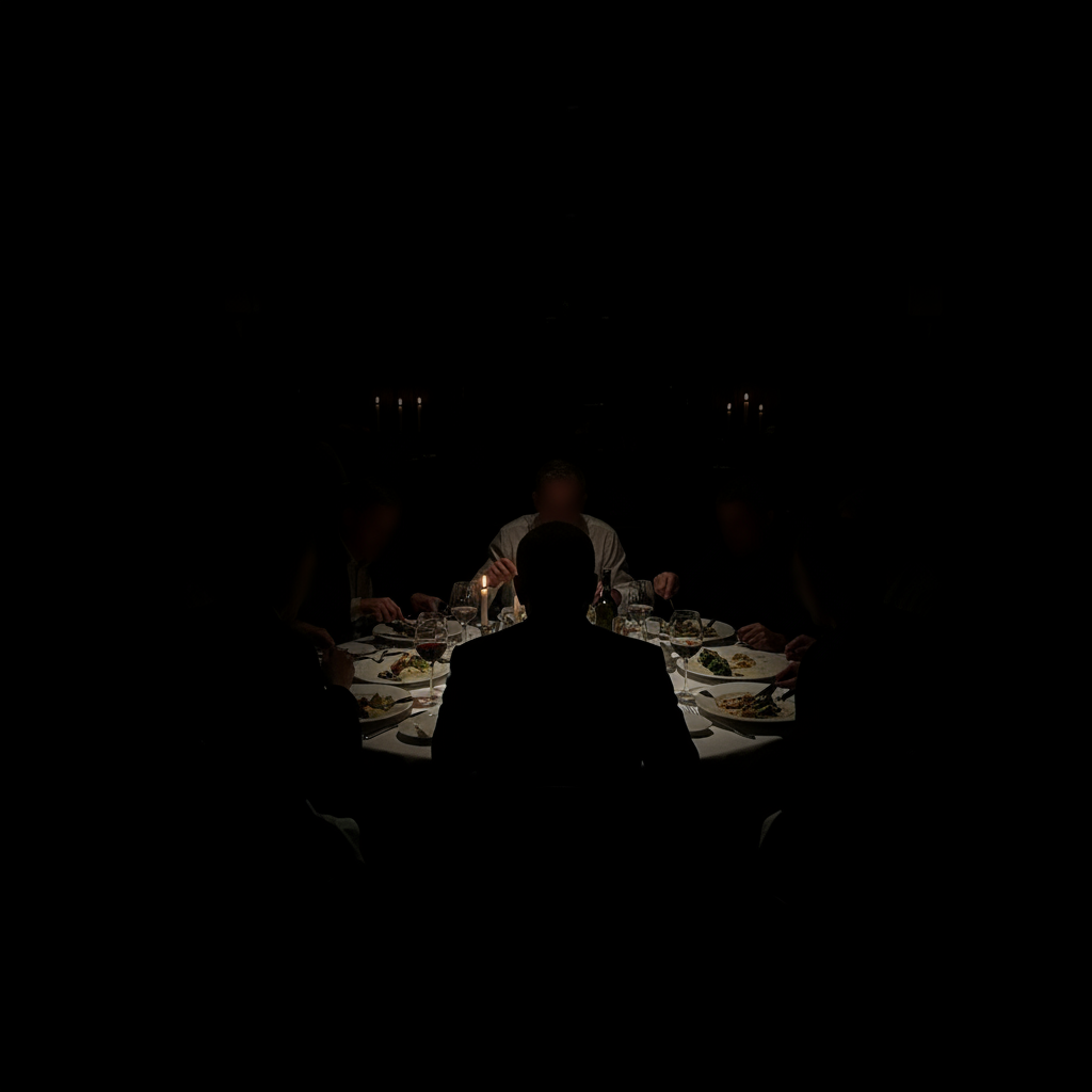 Nearly black restaurant photo with only candle flames visible