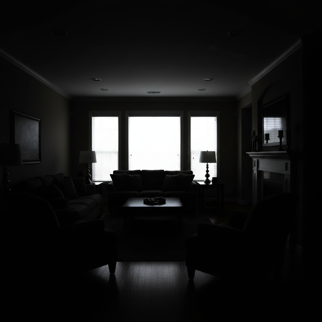 Dark living room with shadowy corners and poor visibility