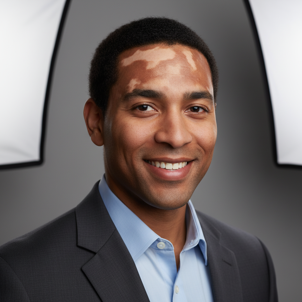 Professional headshot with blotchy forehead