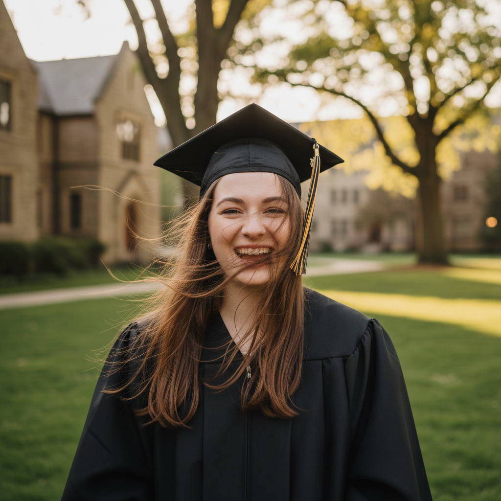 Same graduate with clear face and neatly styled hair