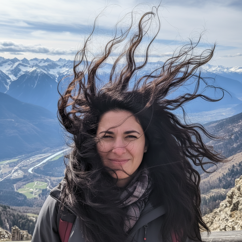 Same woman with flowing but controlled hair complementing the scenic view