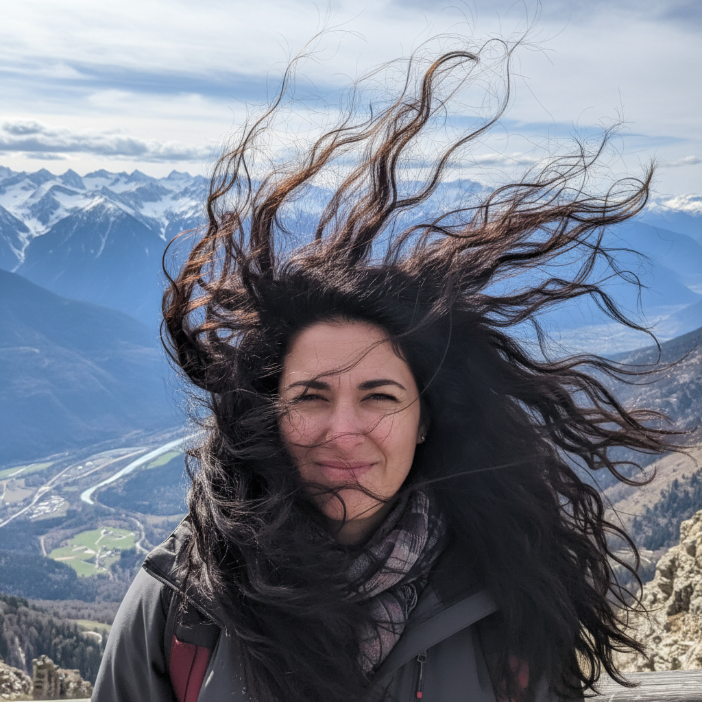 Woman with wild tornado-like hair at mountain overlook