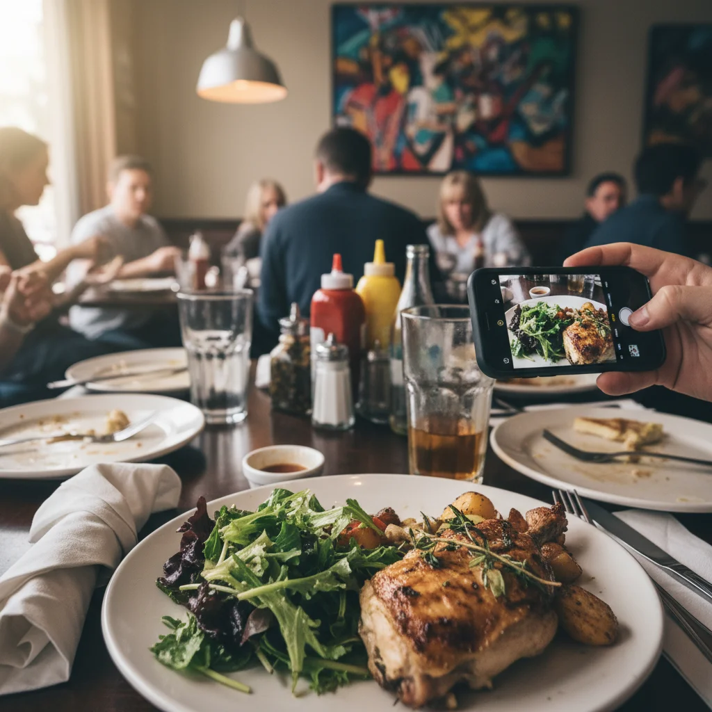 Pasta dish with dull colors from restaurant lighting