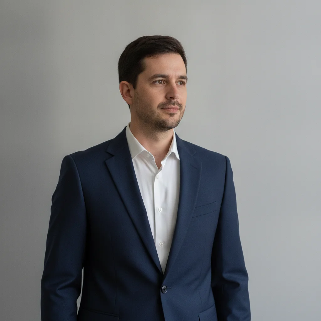 The same man in a tailored navy formal suit, face and background unchanged