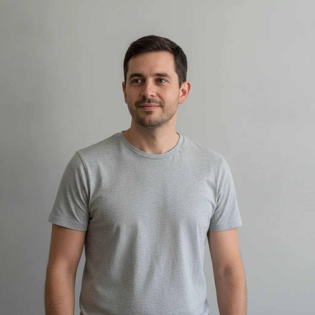 Man in a plain grey t-shirt against a neutral wall