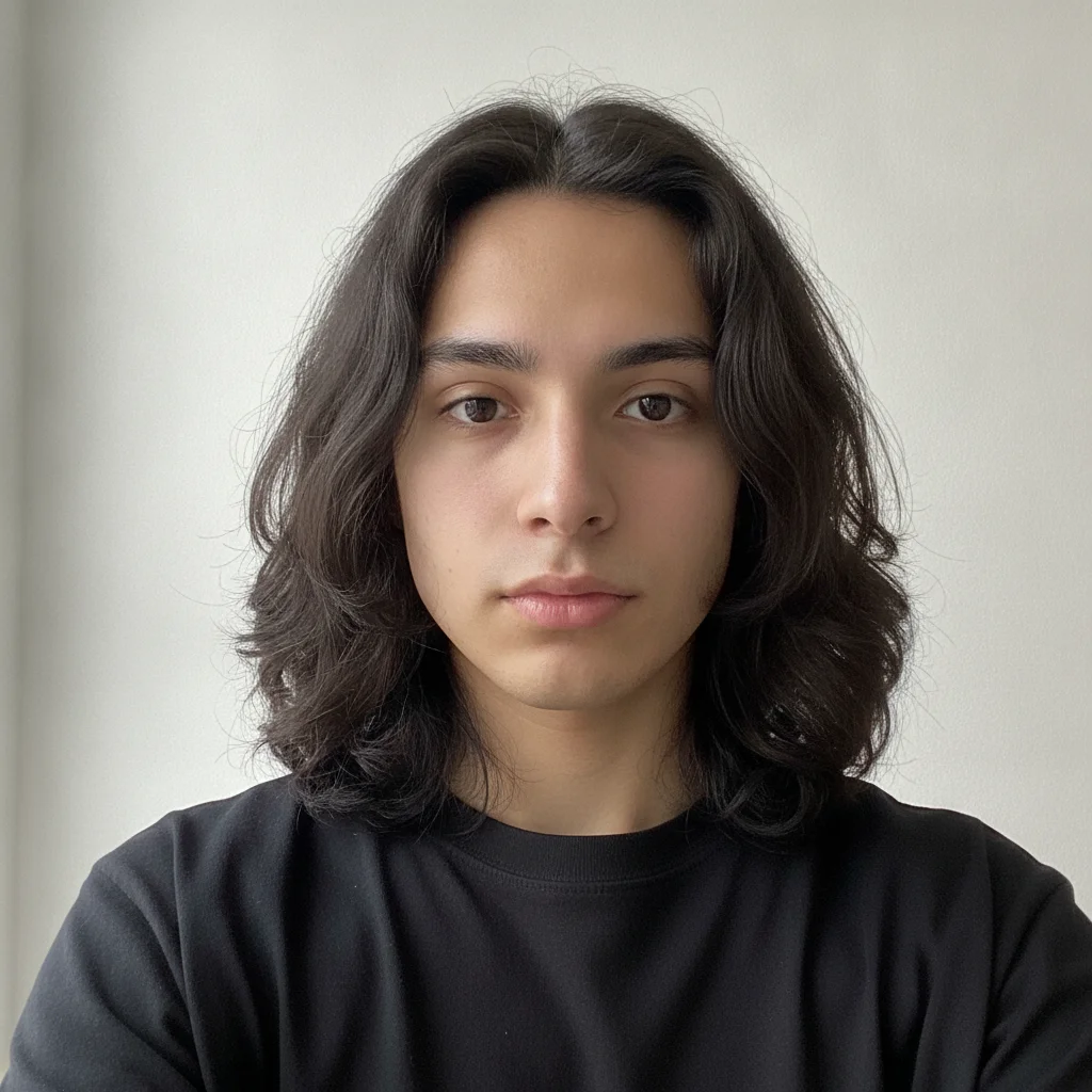 Casual selfie of person with dark hair in black t-shirt against white wall