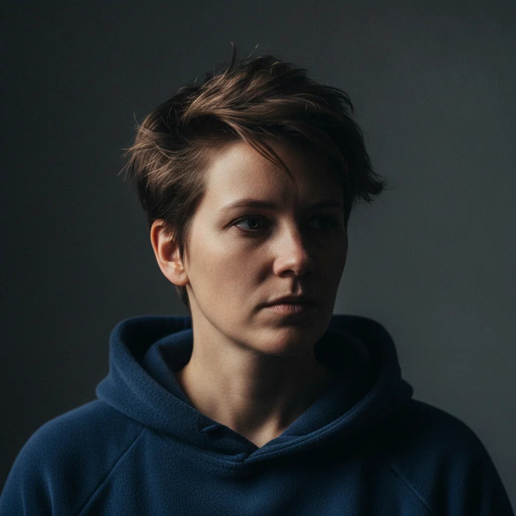 Portrait of person in navy hoodie against dark gray background with side lighting