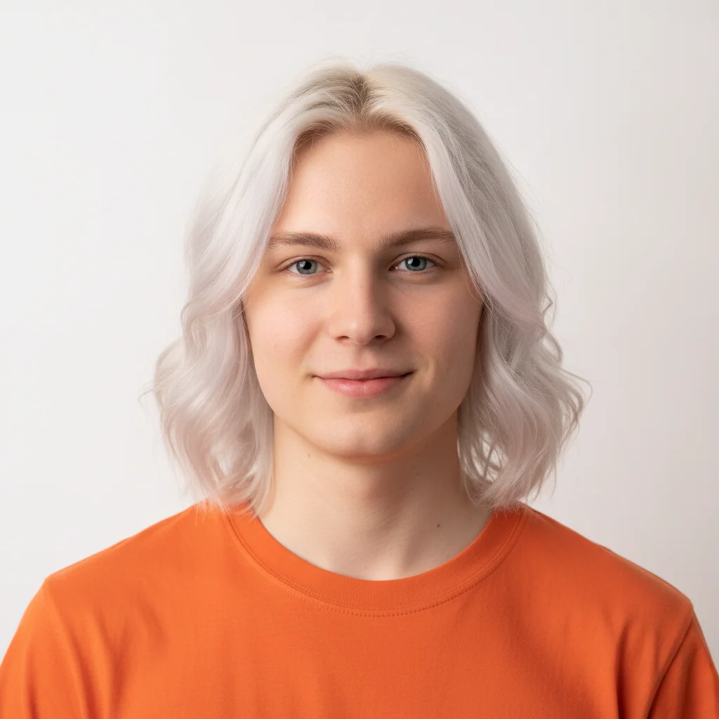 Portrait of person with light hair in orange shirt against white background