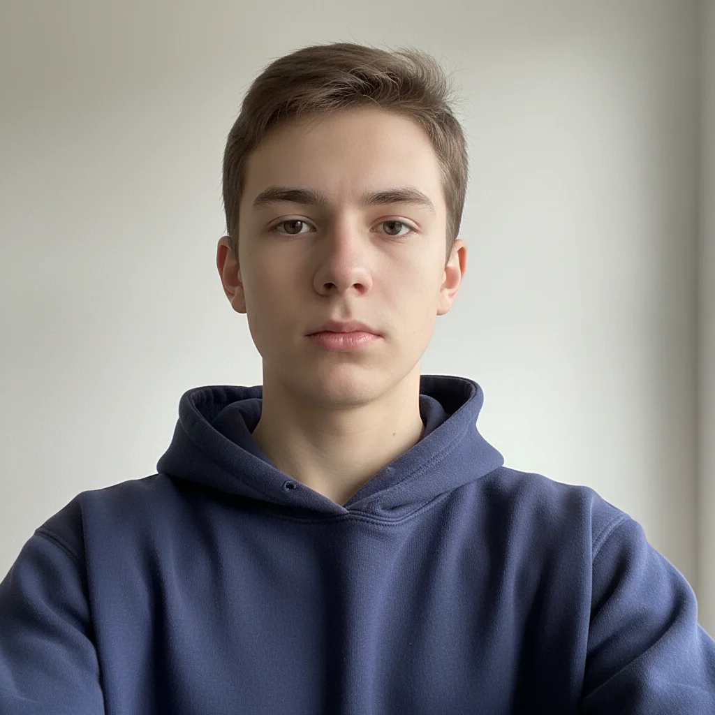 Regular casual selfie against white wall in navy hoodie