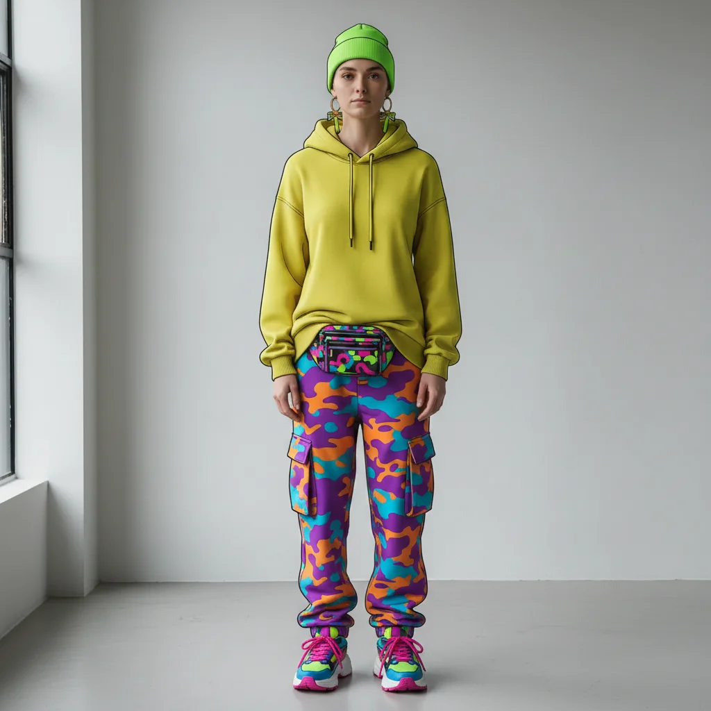 Fortnite skin concept with bright yellow hoodie, colorful sneakers, and bold accessories