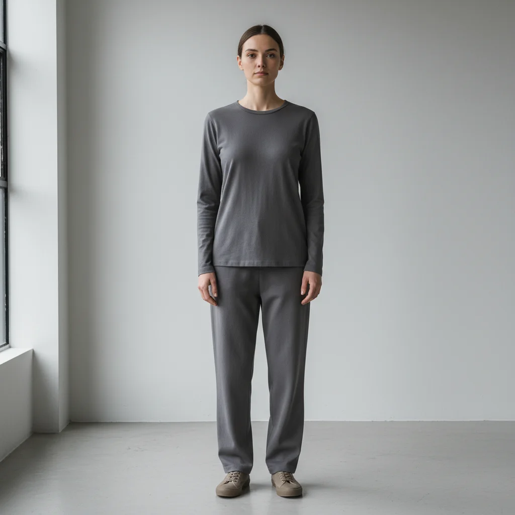 Person in neutral gray clothes against light gray wall