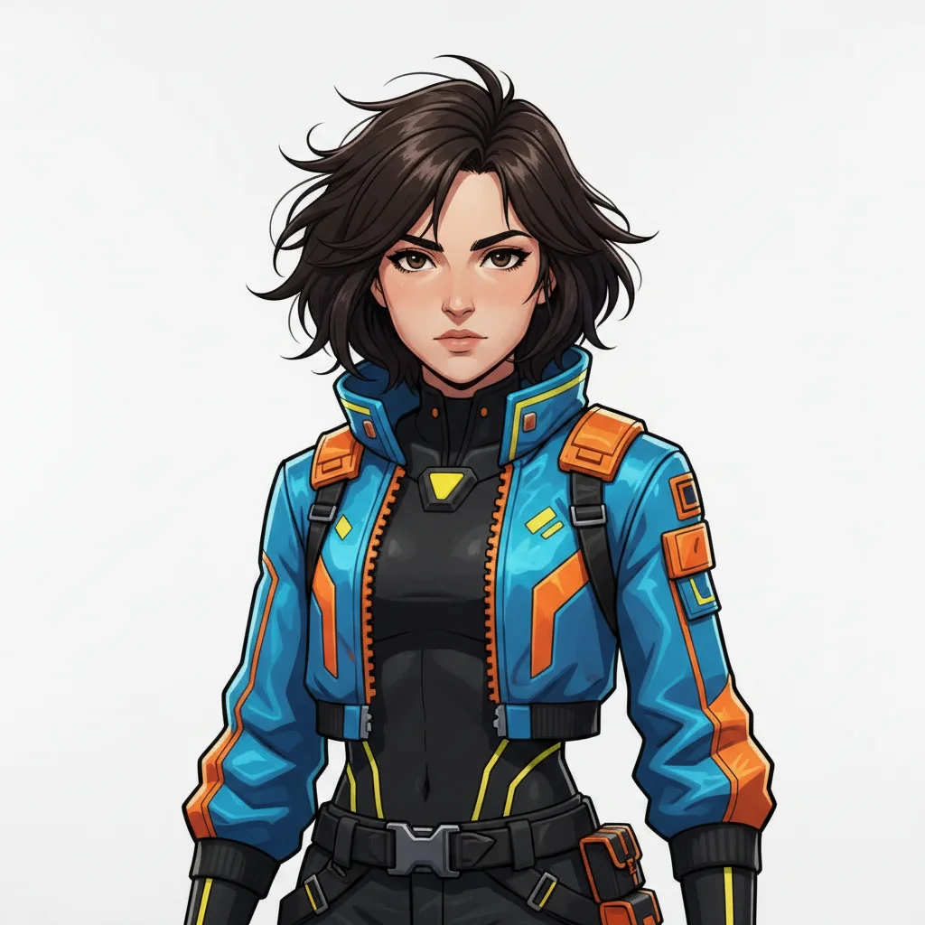 Anime-style Fortnite skin with cel-shaded linework, dramatic hair, and vibrant outfit