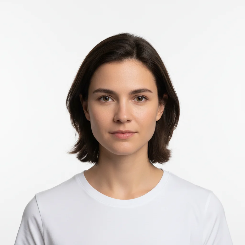 Plain portrait against white background wearing white t-shirt
