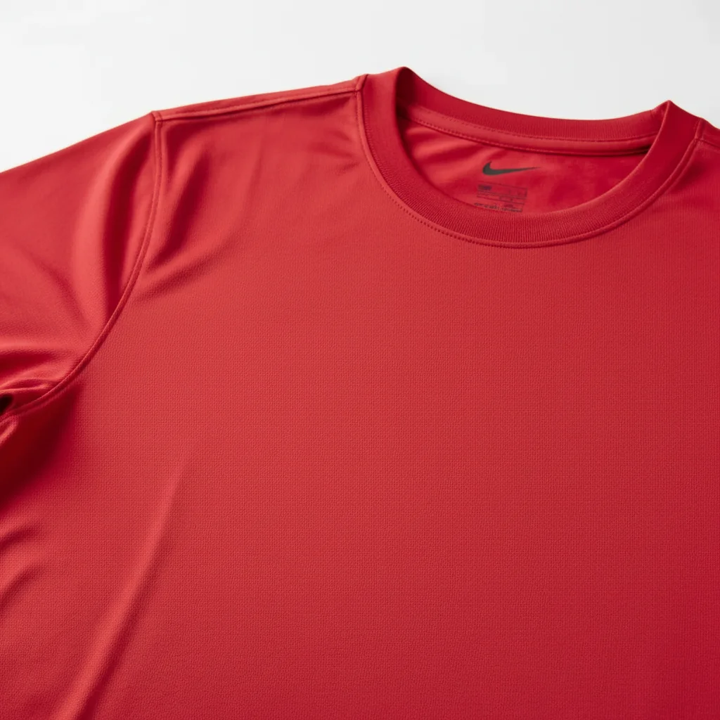 Same red athletic t-shirt with Nike swoosh fully removed, fabric texture reconstructed