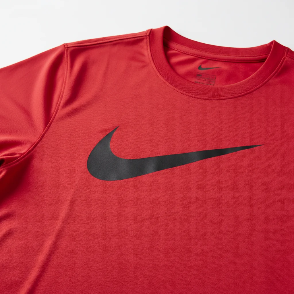 Red athletic t-shirt with large black Nike swoosh on left chest, product photo