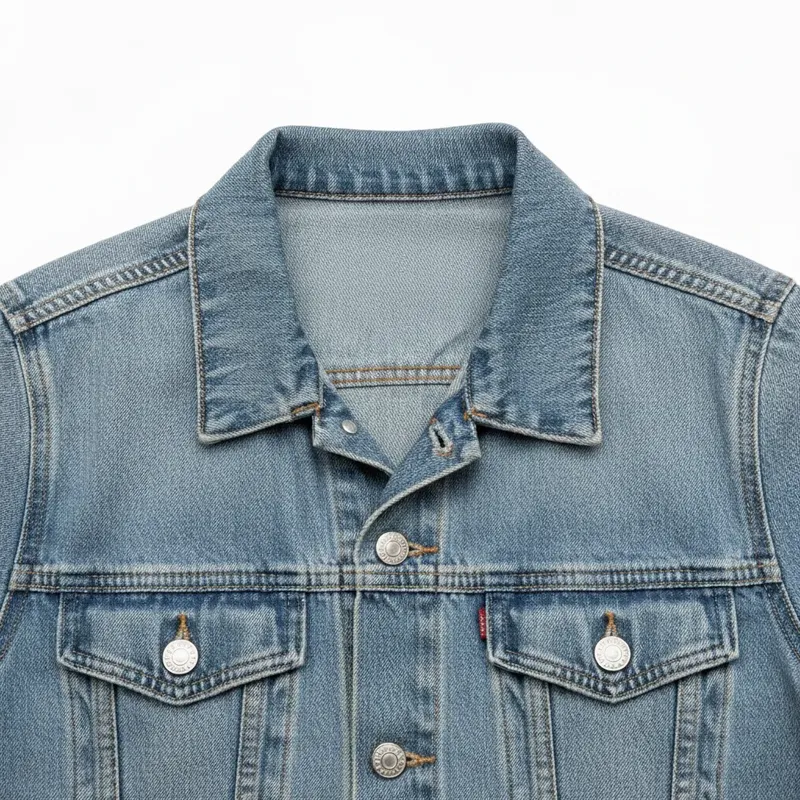 Same denim jacket with brand label removed, clean collar area
