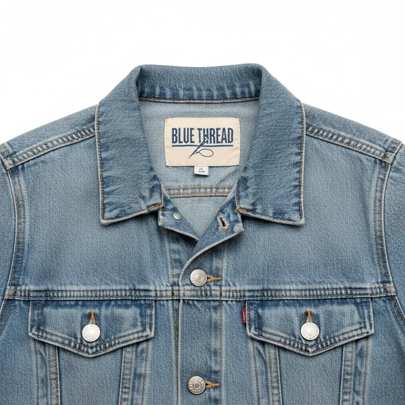 Denim jacket flat lay with brand label visible in collar