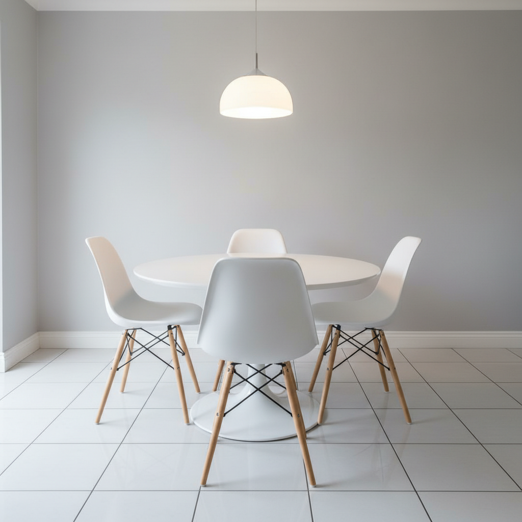 Same dining room with modern upholstered chairs around the same table, seamlessly blended