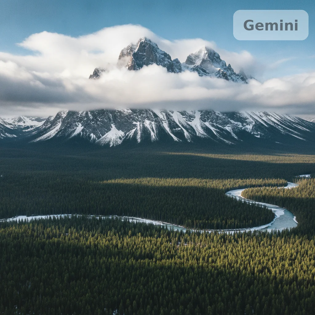 AI-generated mountain landscape with dramatic sky and Gemini logo mark in upper right corner on blue sky
