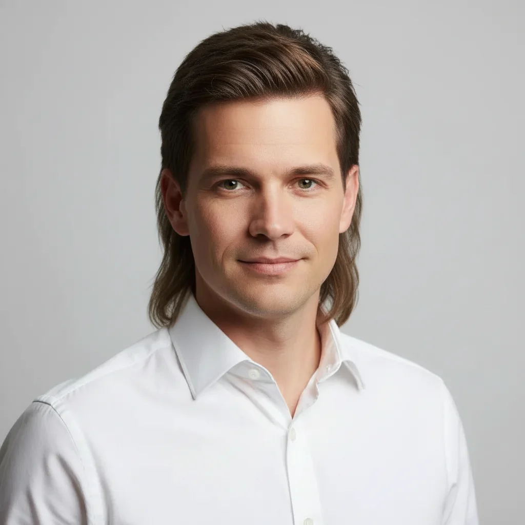 Same man now with a full classic mullet — short on top, long and feathered in the back