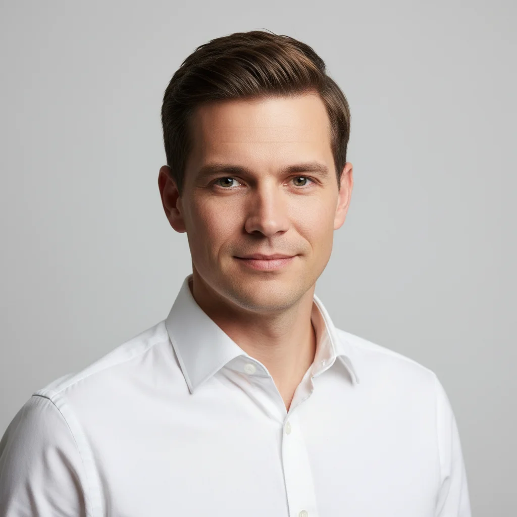 Man with short neat brown hair in a corporate headshot