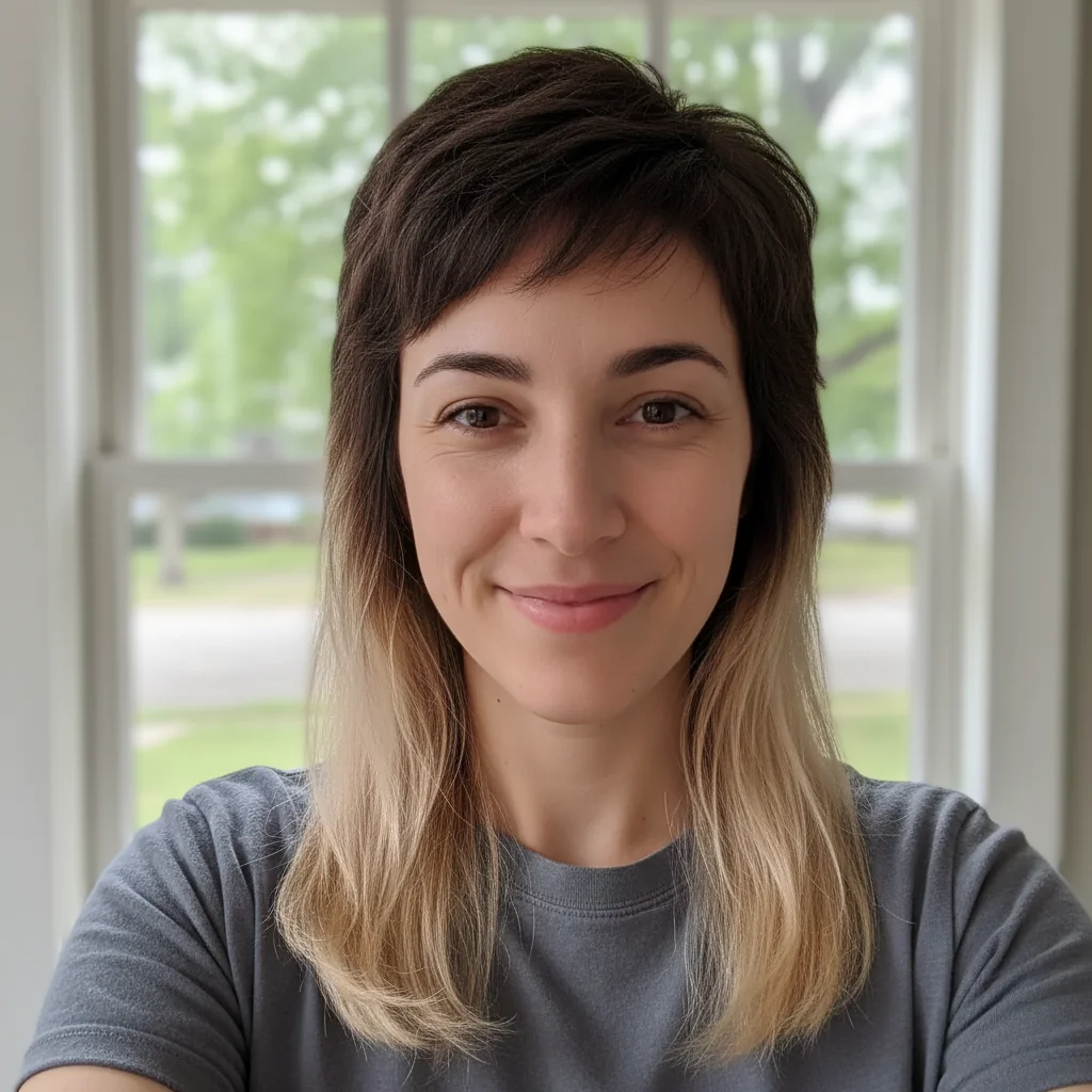 Same woman now sporting a dark-to-blonde ombre mullet flowing past the shoulders