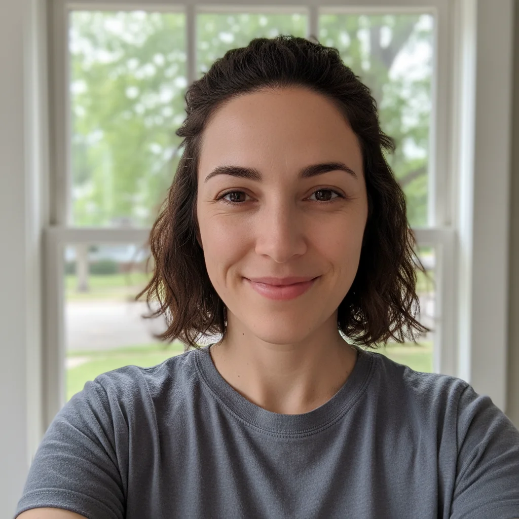 Woman with short dark hair in a casual selfie