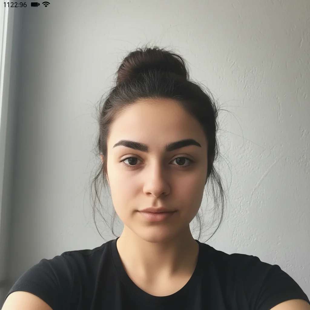 Same woman with a thick connected unibrow matching her dark brown hair