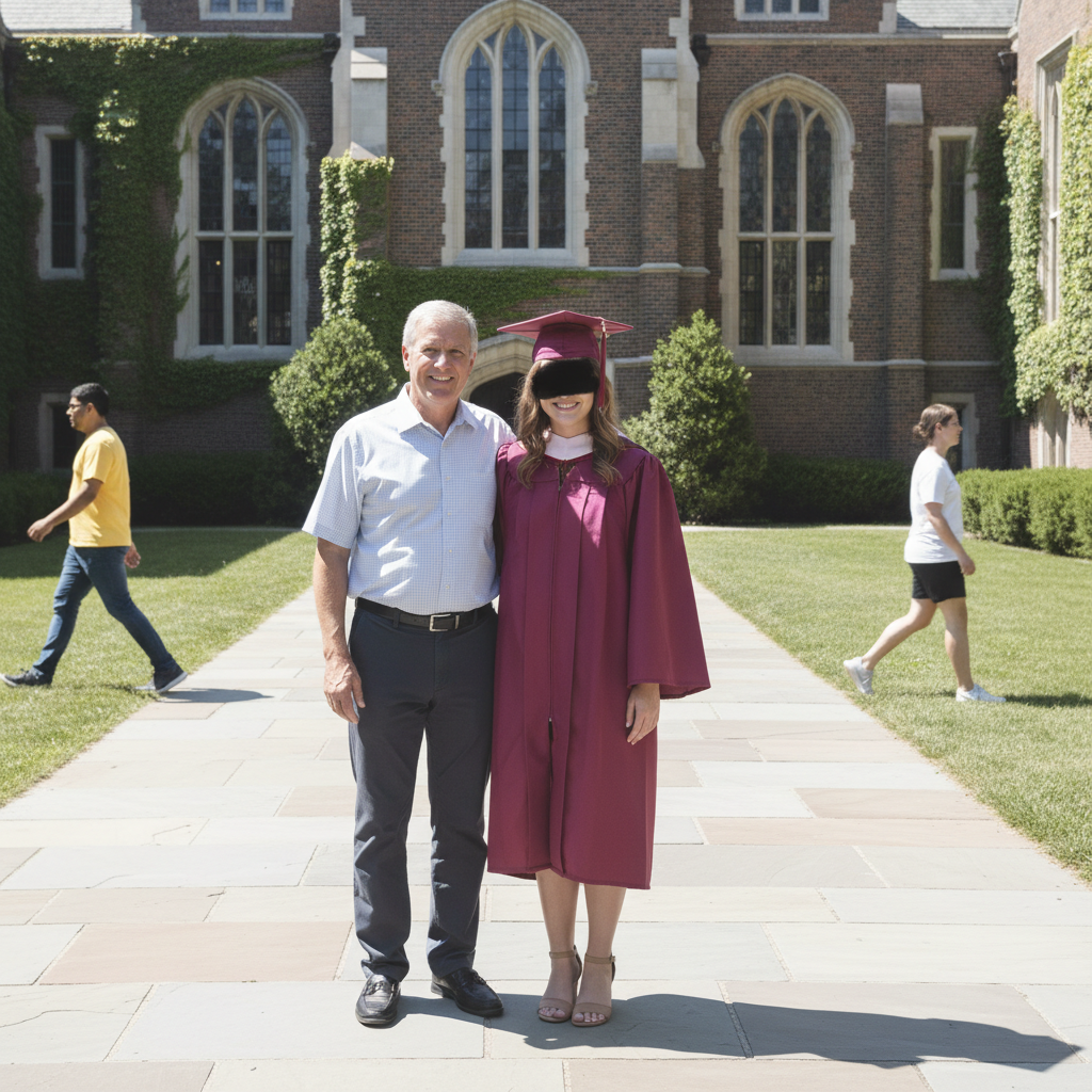 Graduate in maroon gown with busy parking lot background