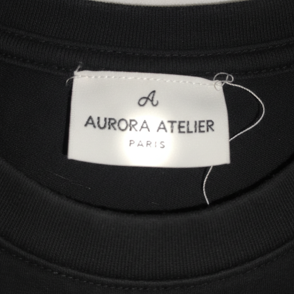 Designer label with flash glare and slightly blurry text
