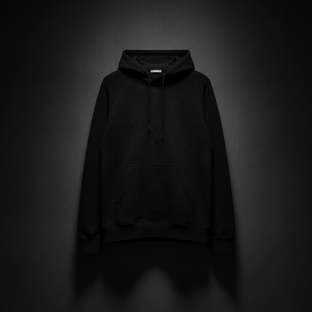 Black hoodie appearing as flat black shape with no visible texture