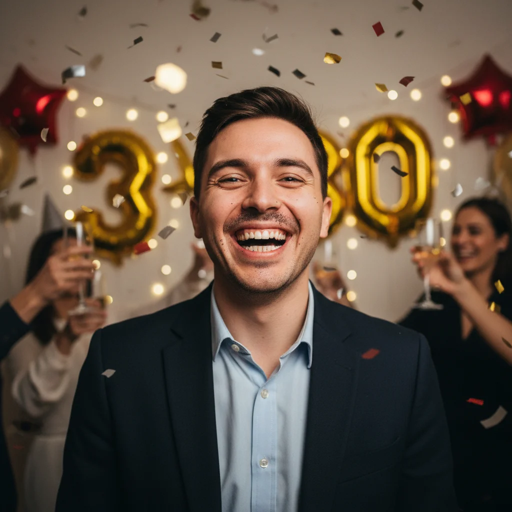 Event photo with poppy seeds visible in teeth
