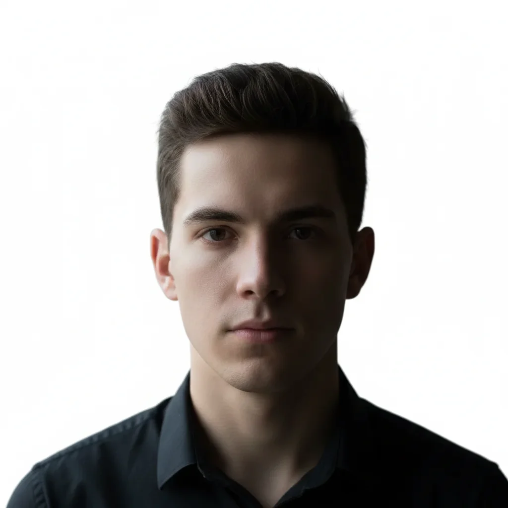 Same man with balanced even lighting across entire face, pure white background