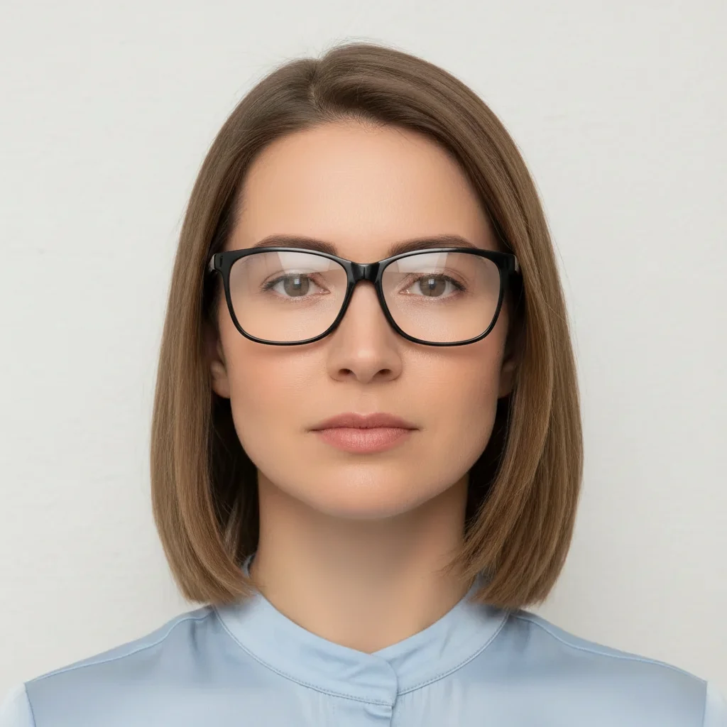 Same woman with glasses, glare removed, eyes clearly visible through lenses, white background