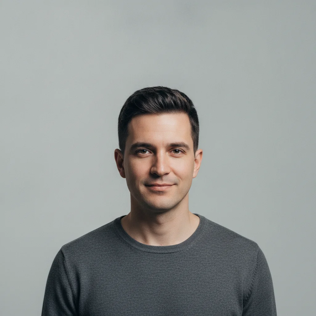 Same portrait with Grok watermark removed and gray studio background reconstructed in corner