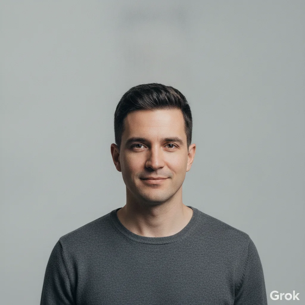 AI-generated portrait on gray studio background with small Grok logo watermark in bottom right corner