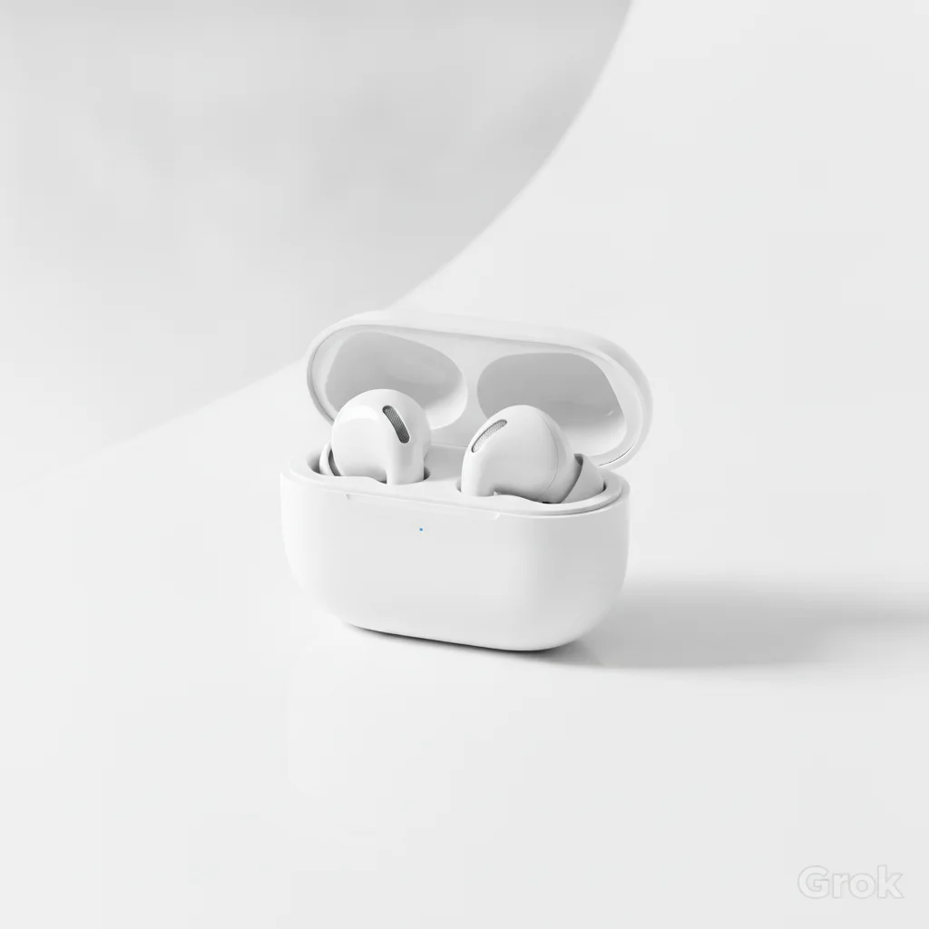 AI product concept of white wireless earbuds on white studio background with Grok watermark in bottom right corner