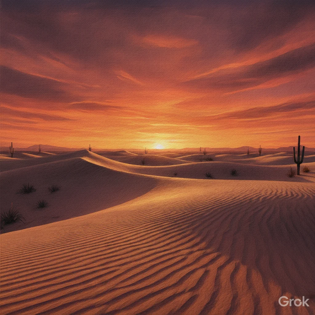 AI-generated desert dune landscape with dramatic sunset sky and Grok logo watermark in upper right corner