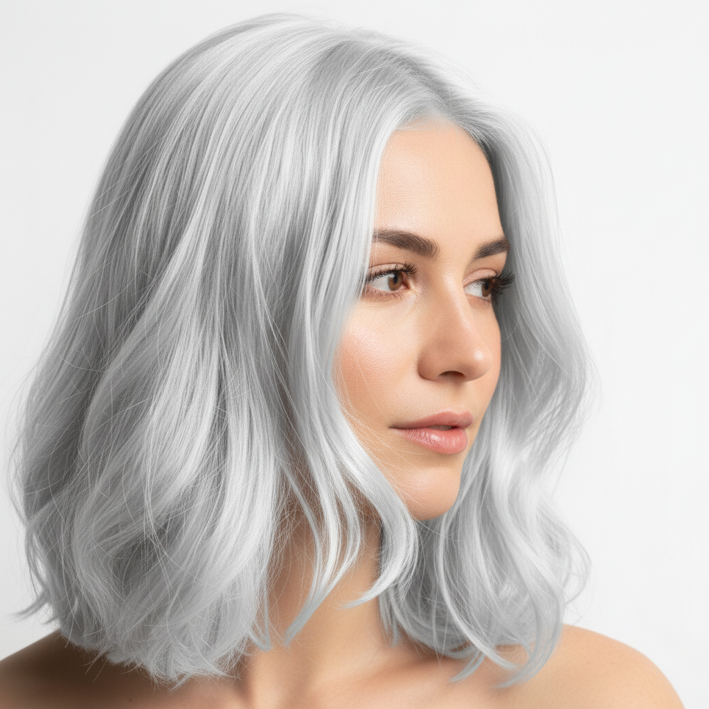 Same portrait with platinum blonde hair color applied from reference photo