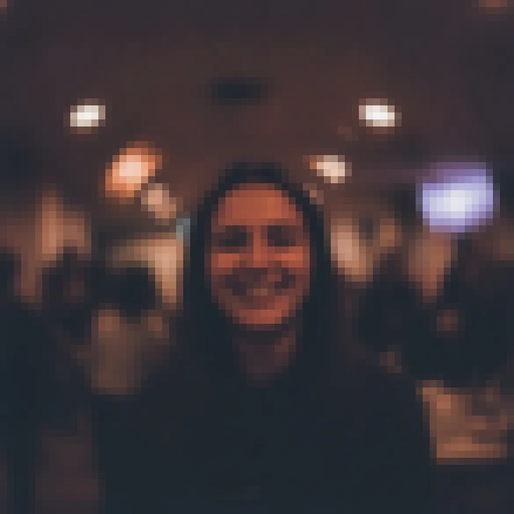 Blurry, grainy low-light indoor photo of a smiling person with soft facial detail