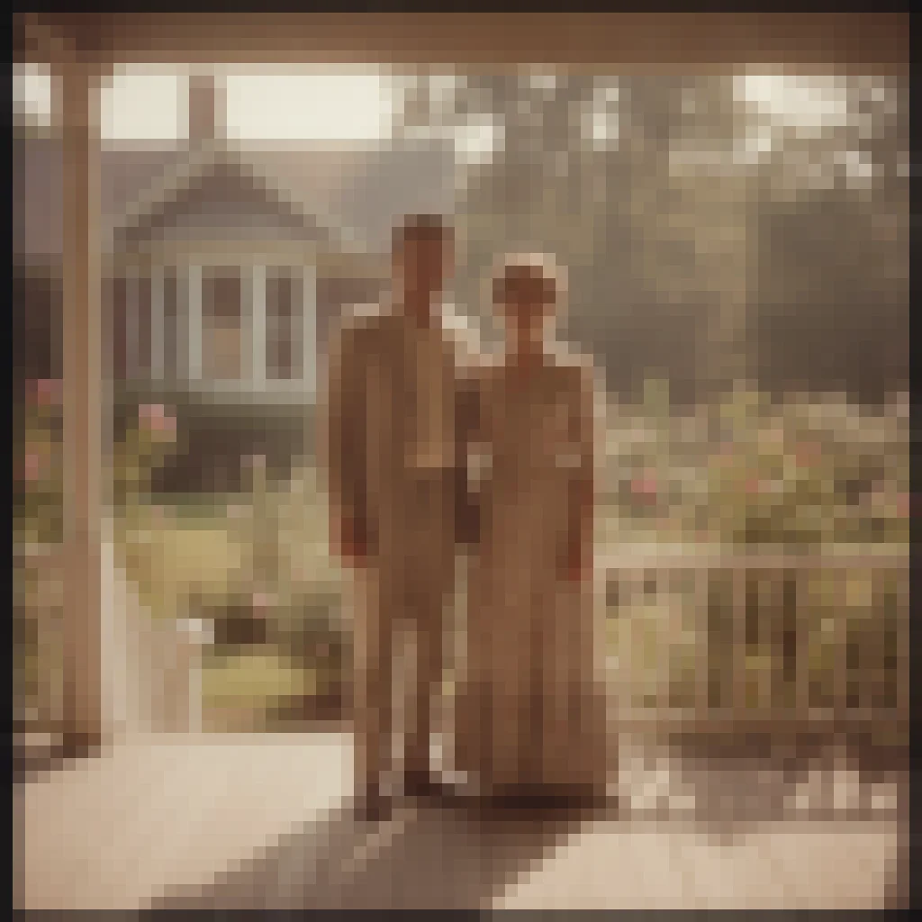 Soft, faded old scanned photo of two people on a porch with low detail