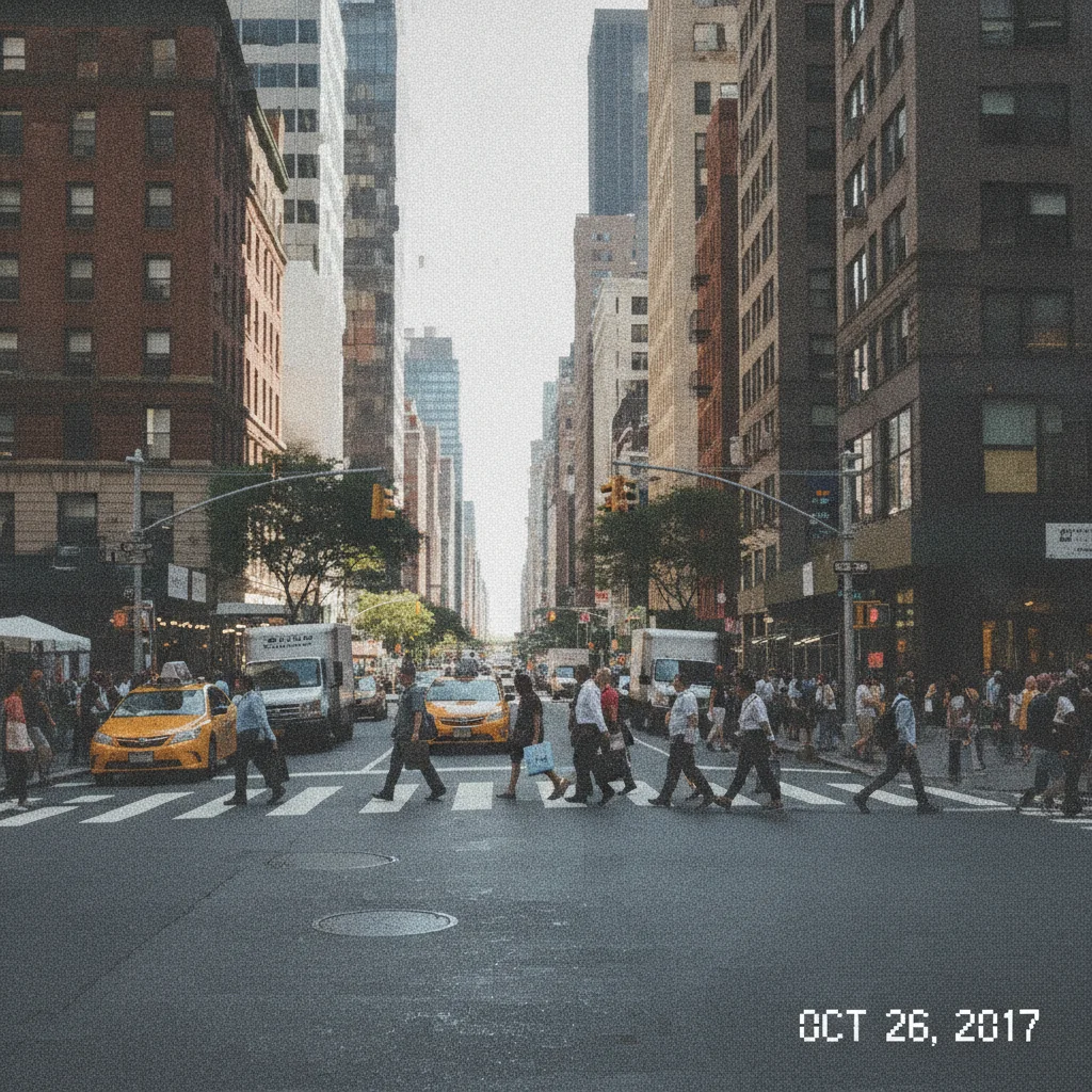 Same city street photo converted to HD quality with clean, sharp detail and no compression artifacts