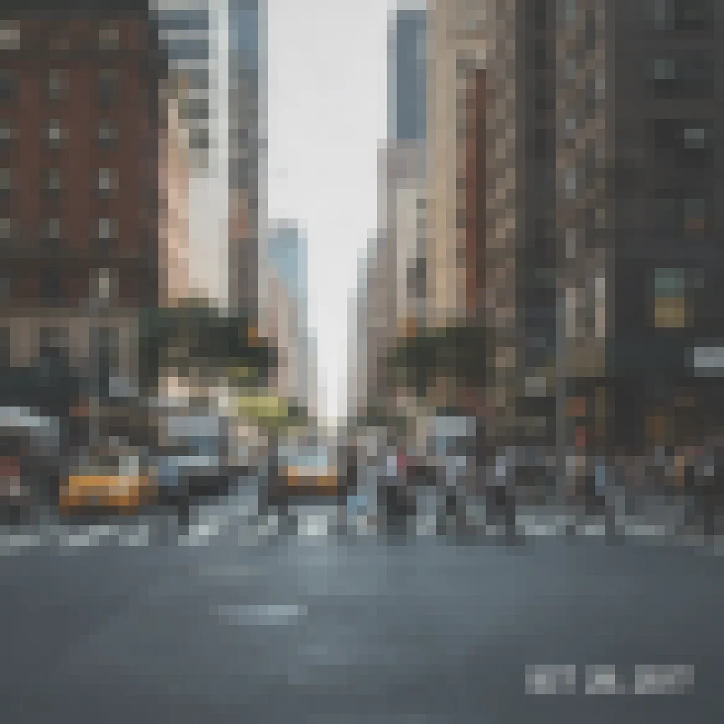 Blocky, compressed low-quality photo of a city street with muddy detail
