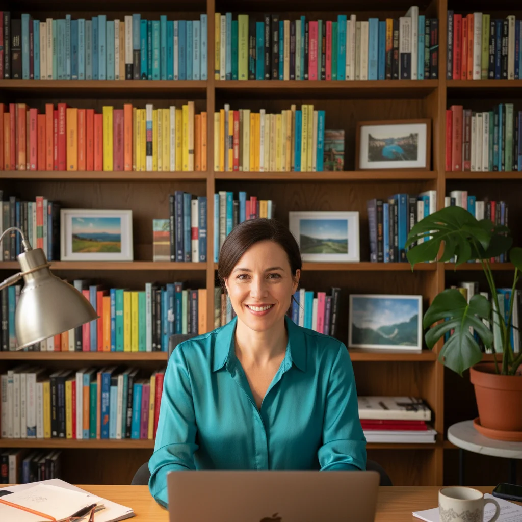 Woman in home office with bookshelf and casual background visible