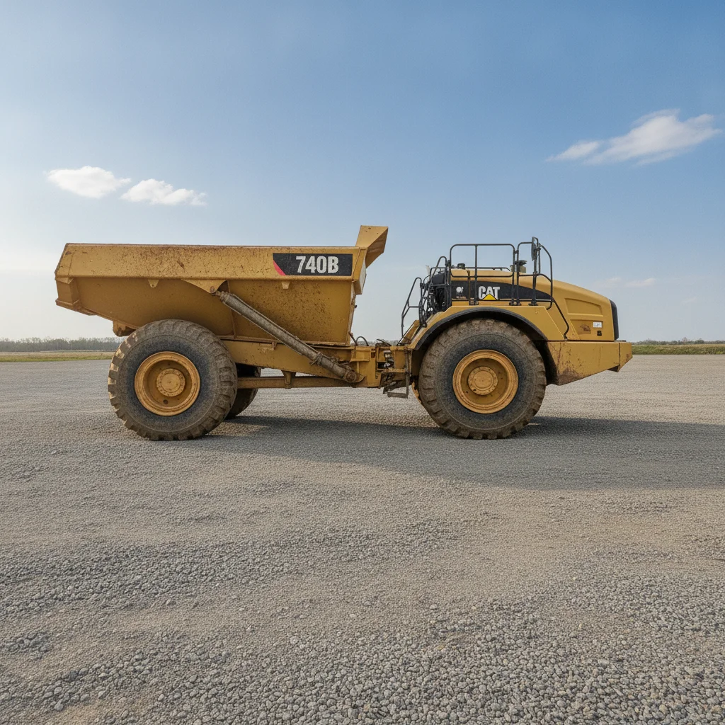 The same dump truck on a dry level gravel lot under a blue sky, with the pallets, drum, timber, pickup and background machines no longer in the frame