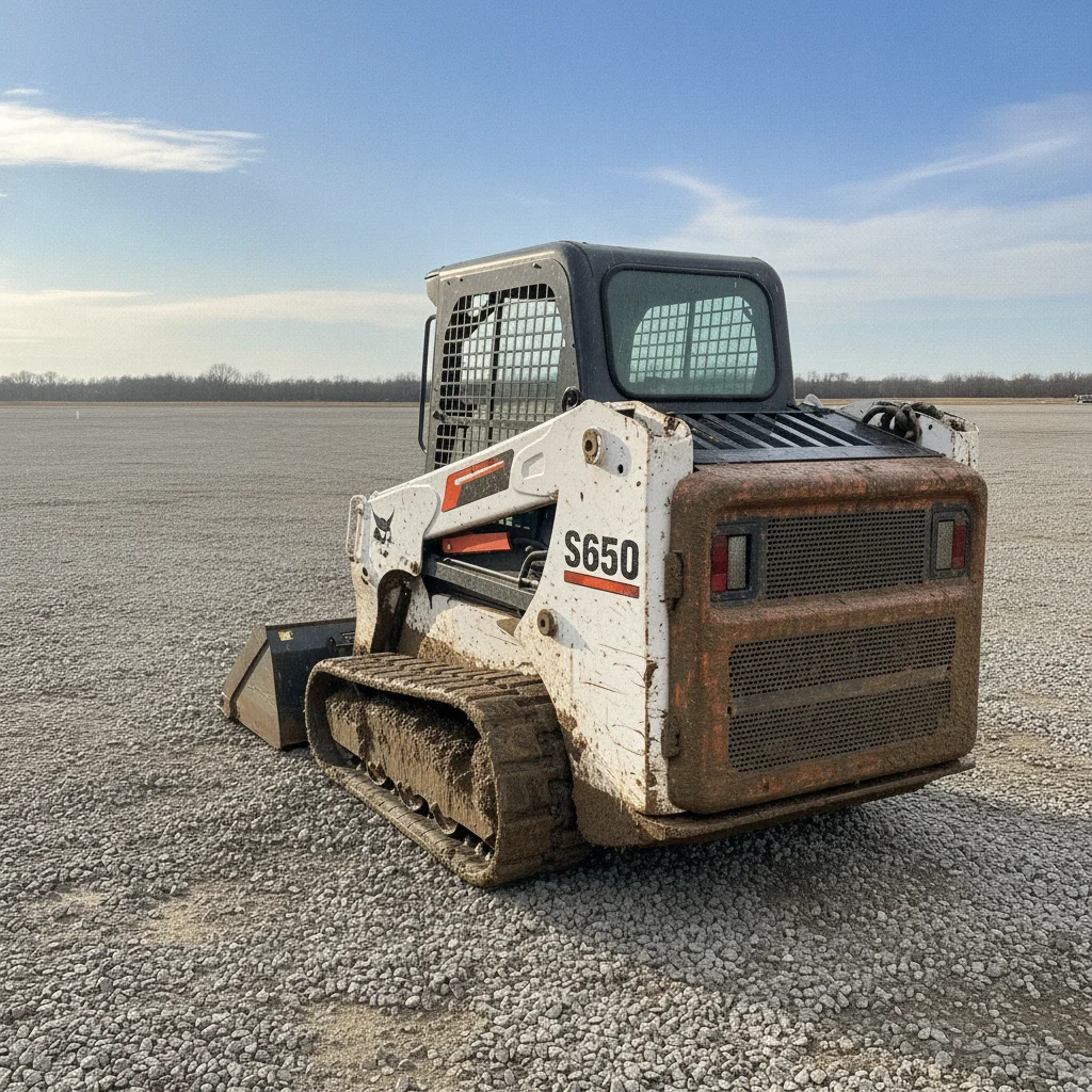 The same loader on a dry gravel lot under a blue sky, with the drum, pallets, bystander and background machine row no longer in the frame